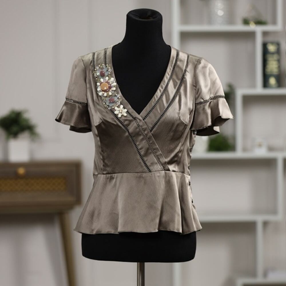 Nanette Lepore Taupe Satin Wrap Peplum Top with Embellished Accent